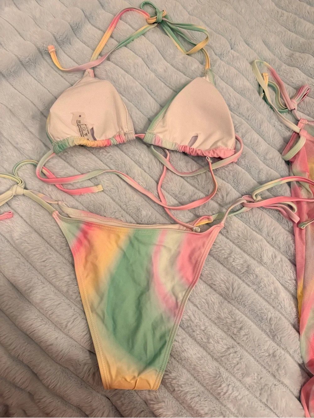 NEVER WORN adorable 3-piece pastel swim set with tie dye bikini and sheer pants